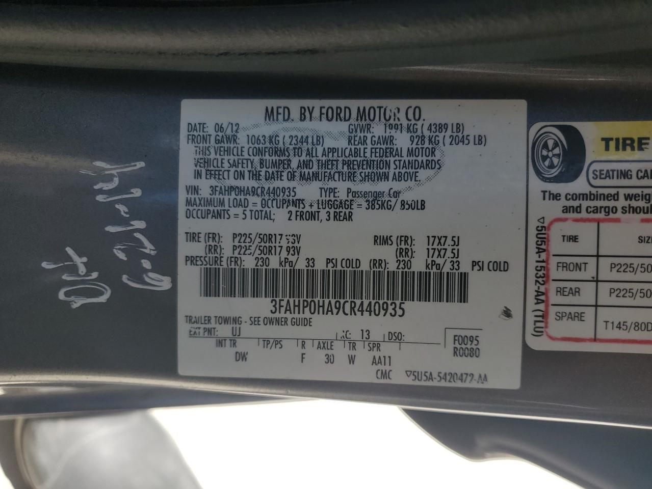 2012 Ford Fusion Se VIN: 3FAHP0HA9CR440935 Lot: 72057125