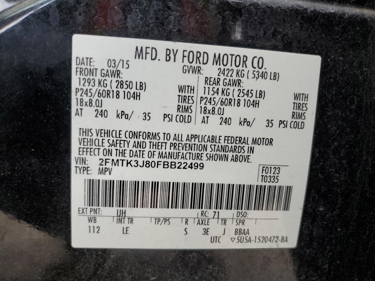 2015 Ford Edge Sel VIN: 2FMTK3J80FBB22499 Lot: 72088215