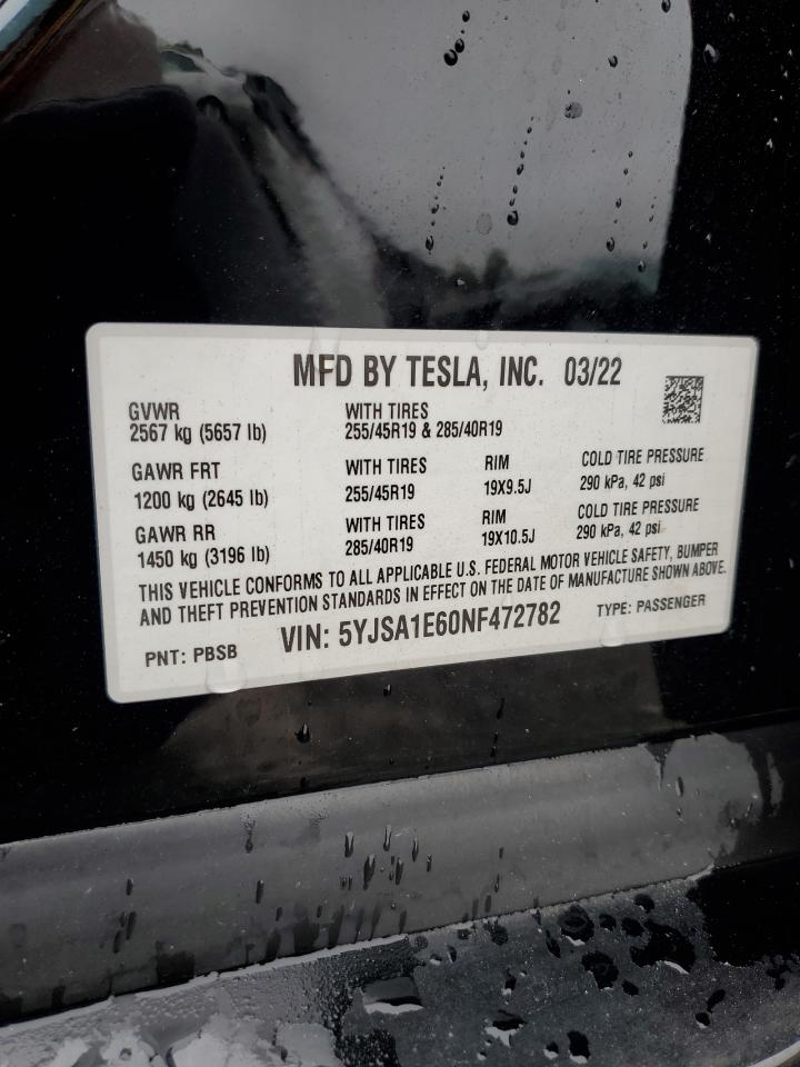 2022 Tesla Model S VIN: 5YJSA1E60NF472782 Lot: 84044445