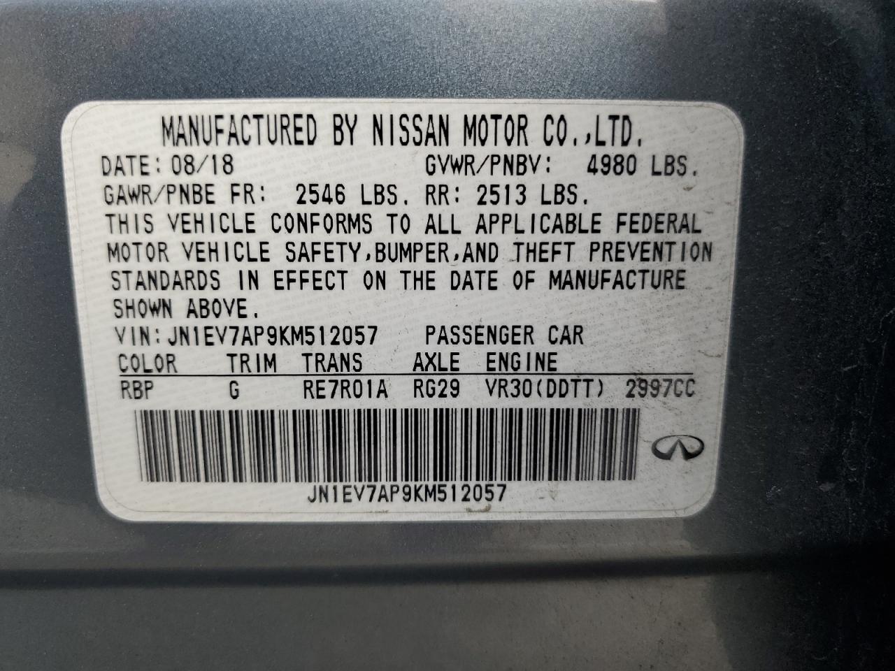 2019 Infiniti Q50 Luxe VIN: JN1EV7AP9KM512057 Lot: 81615335