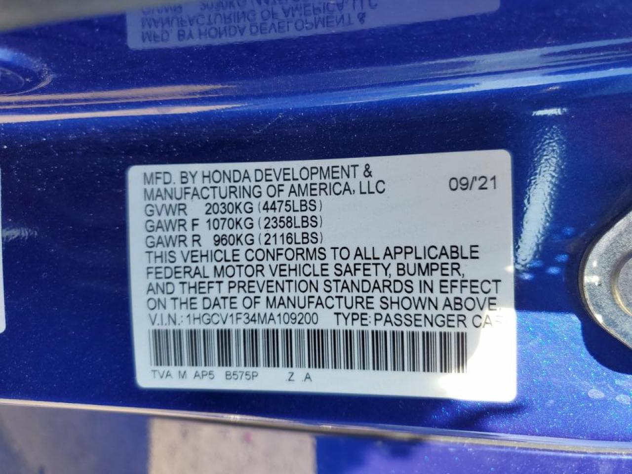 2021 Honda Accord Sport VIN: 1HGCV1F34MA109200 Lot: 71529335