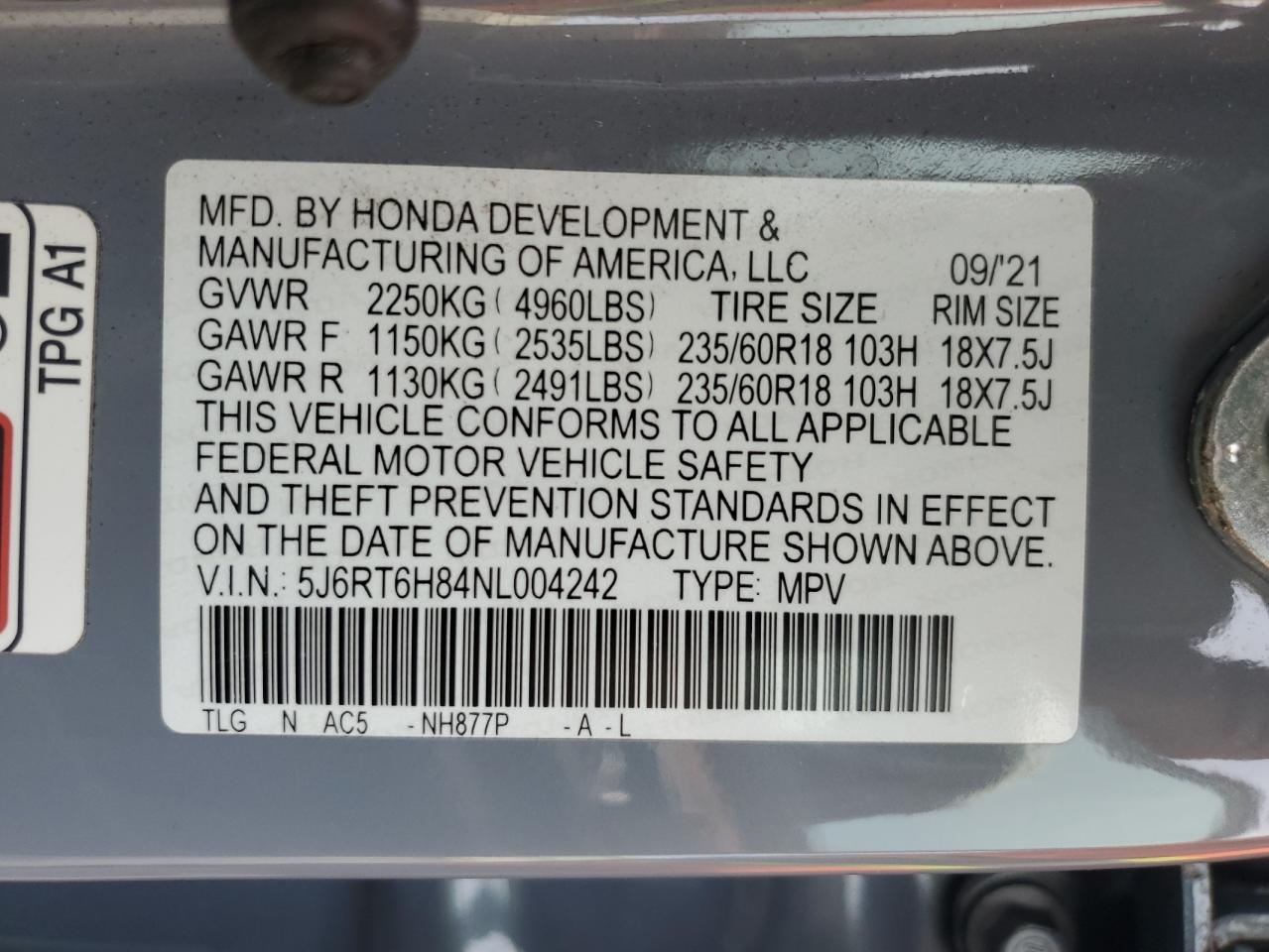 2022 Honda Cr-V Exl VIN: 5J6RT6H84NL004242 Lot: 81383955