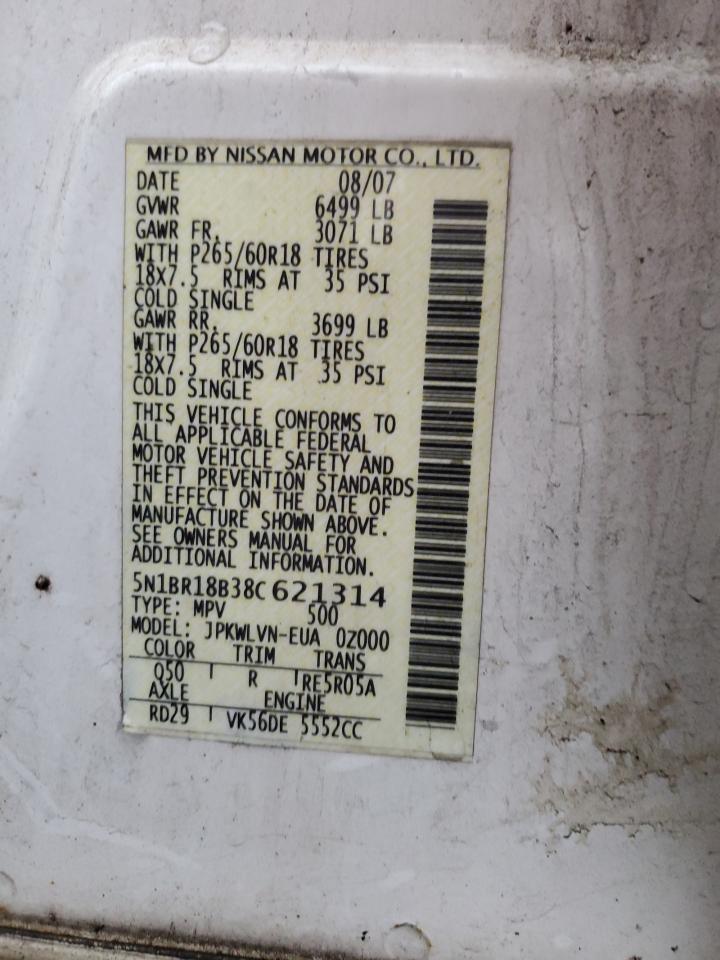 2008 Nissan Pathfinder Le VIN: 5N1BR18B38C621314 Lot: 81728475