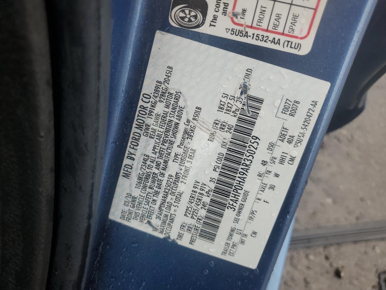 2010 Ford Fusion Se VIN: 3FAHP0HA9AR350259 Lot: 81598715