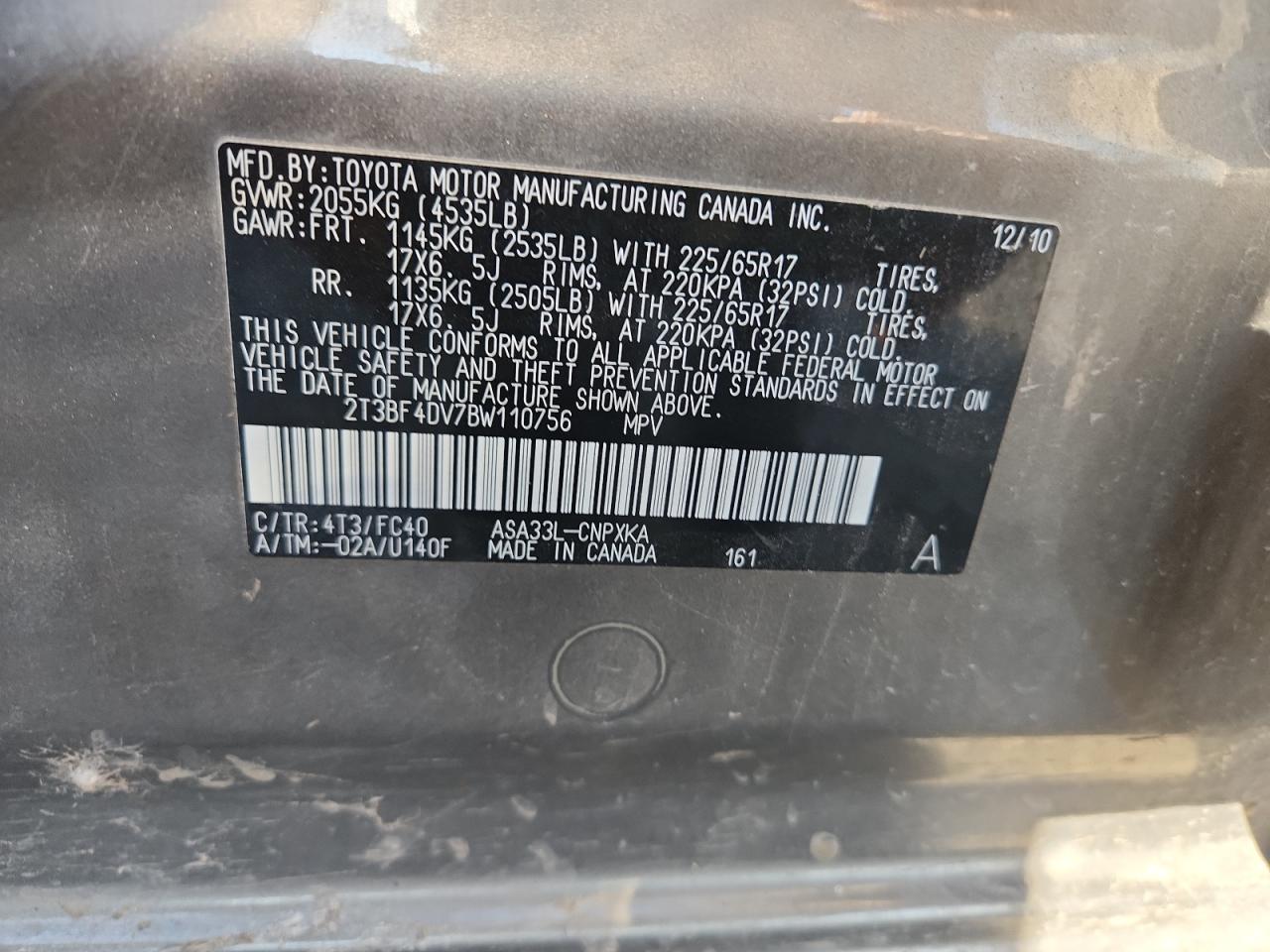 2011 Toyota Rav4 VIN: 2T3BF4DV7BW110756 Lot: 82089825