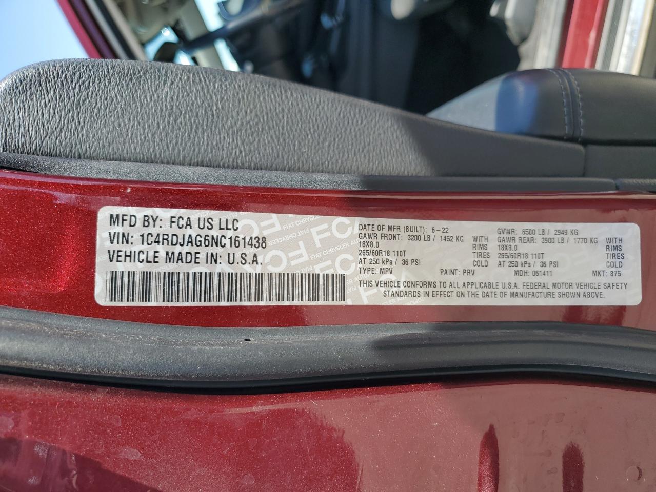 2022 Dodge Durango Sxt VIN: 1C4RDJAG6NC161438 Lot: 71917275