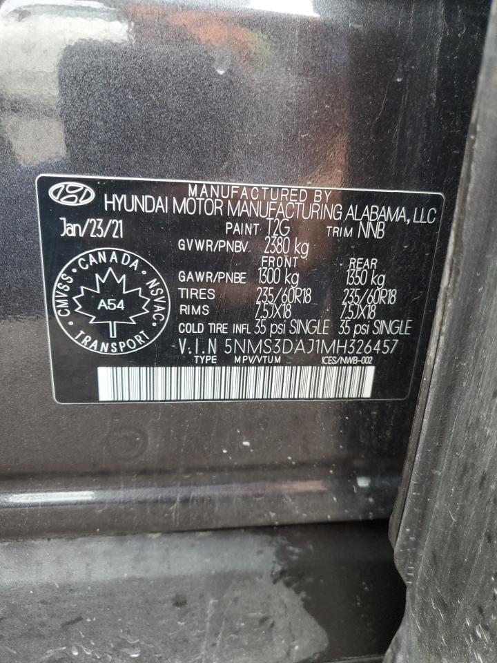 2021 Hyundai Santa Fe Sel VIN: 5NMS3DAJ1MH326457 Lot: 82078795