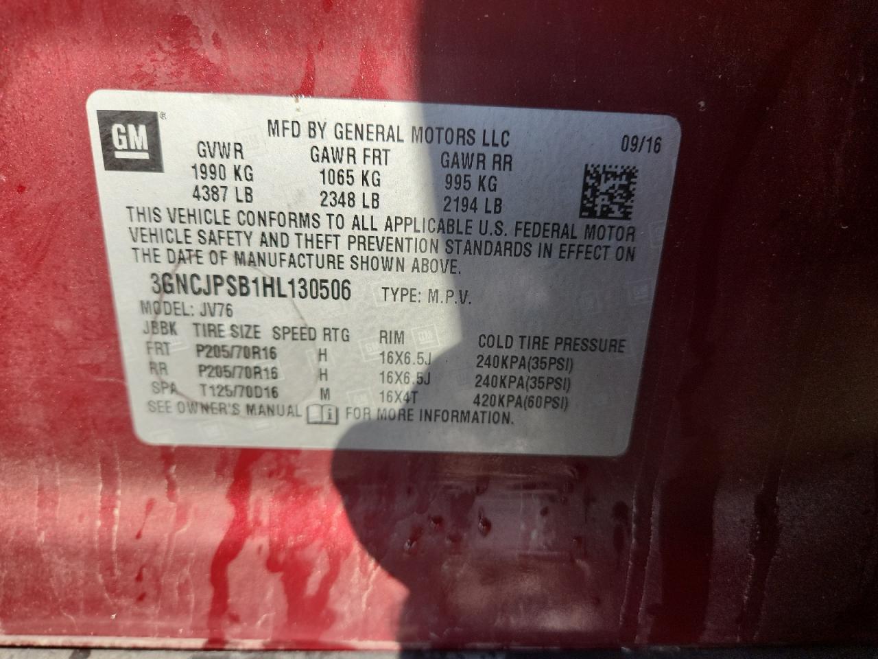 2017 Chevrolet Trax 1Lt VIN: 3GNCJPSB1HL130506 Lot: 80292415