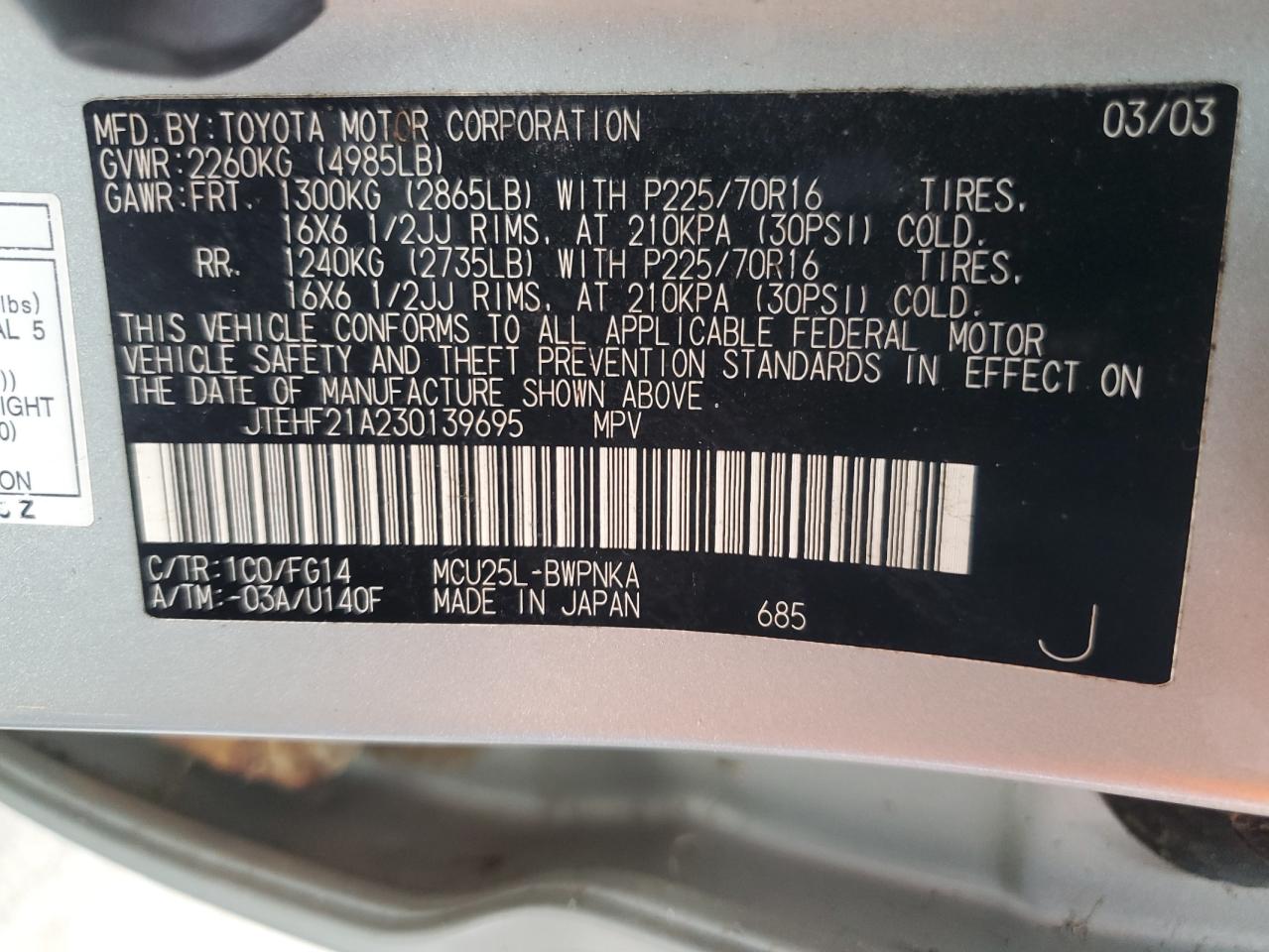 2003 Toyota Highlander Limited VIN: JTEHF21A230139695 Lot: 84200455