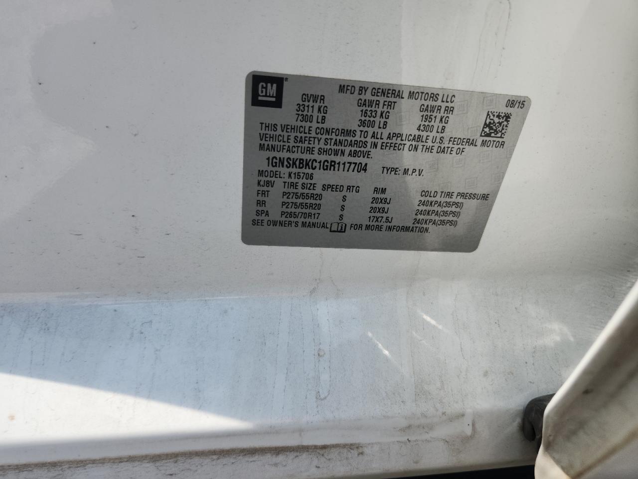 2016 Chevrolet Tahoe K1500 Lt VIN: 1GNSKBKC1GR117704 Lot: 80827215