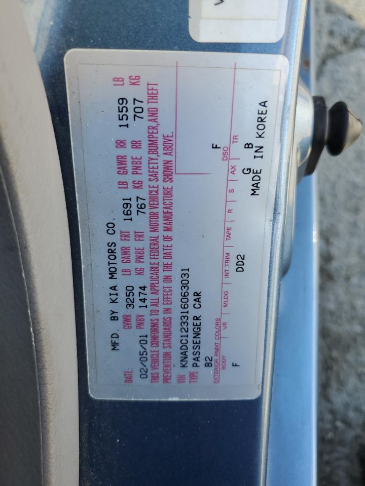 2001 Kia Rio VIN: KNADC123316063031 Lot: 81620495