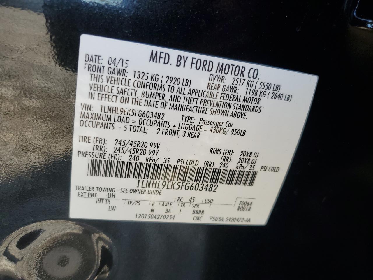 2015 Lincoln Mks VIN: 1LNHL9EK5FG603482 Lot: 80913835