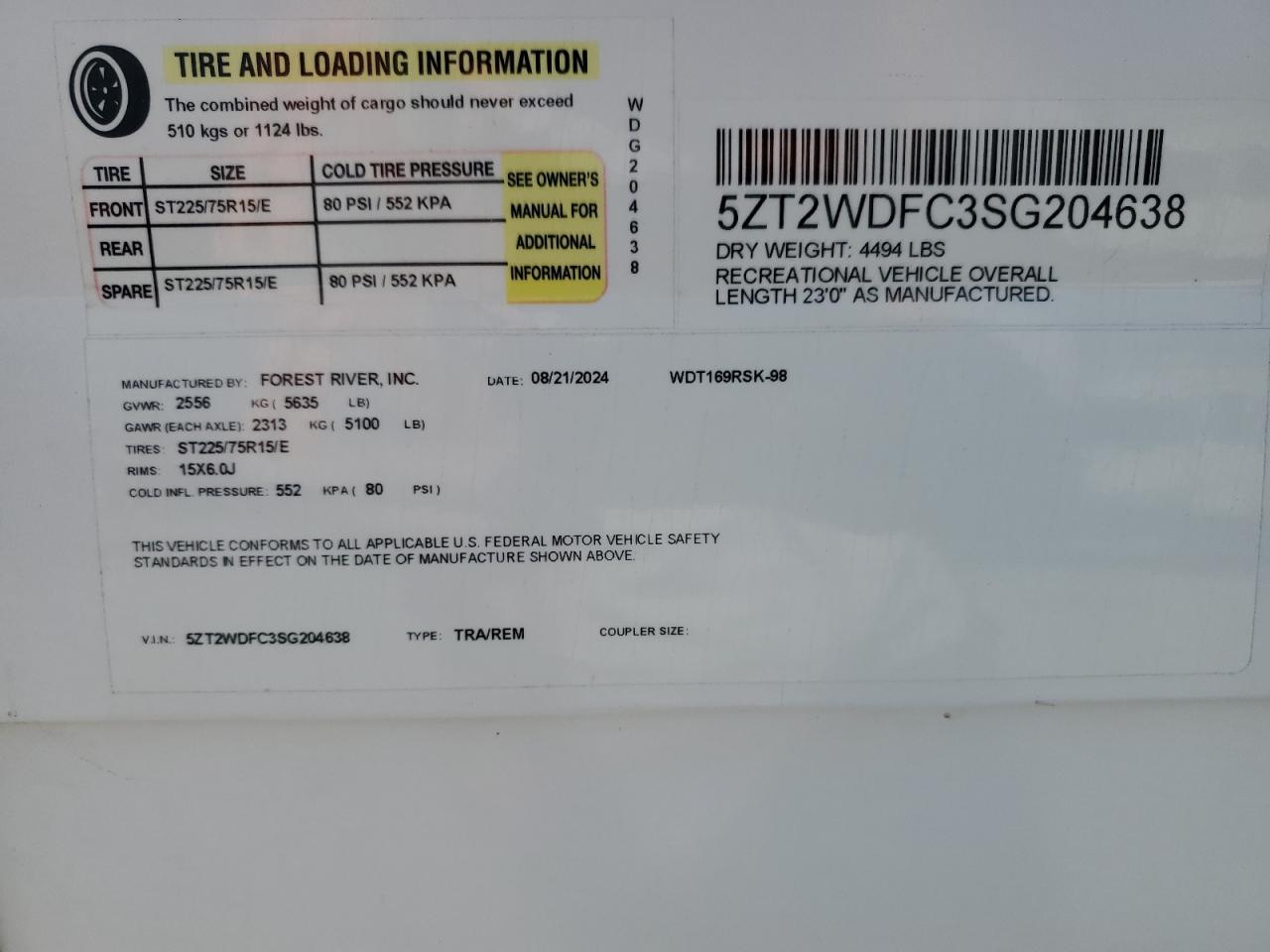 2025 Forest River Wildwood - Rvs Rv VIN: 5ZT2WDFC3SG204638 Lot: 69369305