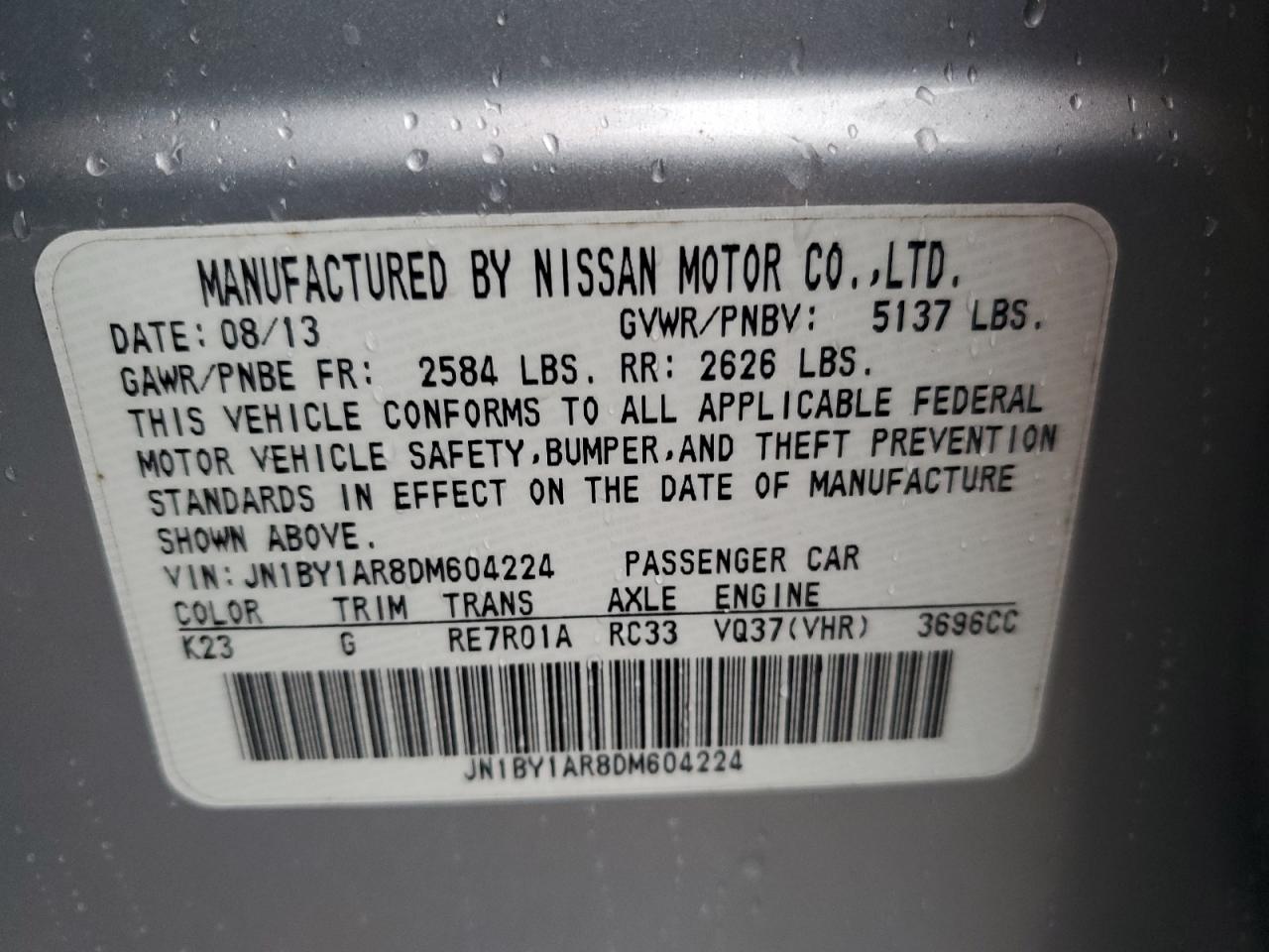 2013 Infiniti M37 X VIN: JN1BY1AR8DM604224 Lot: 83859225