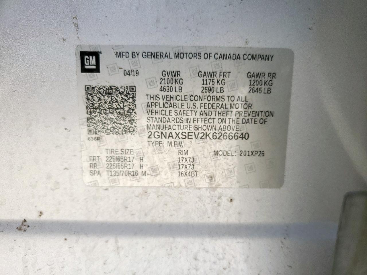 2019 Chevrolet Equinox Ls VIN: 2GNAXSEV2K6266640 Lot: 84561645