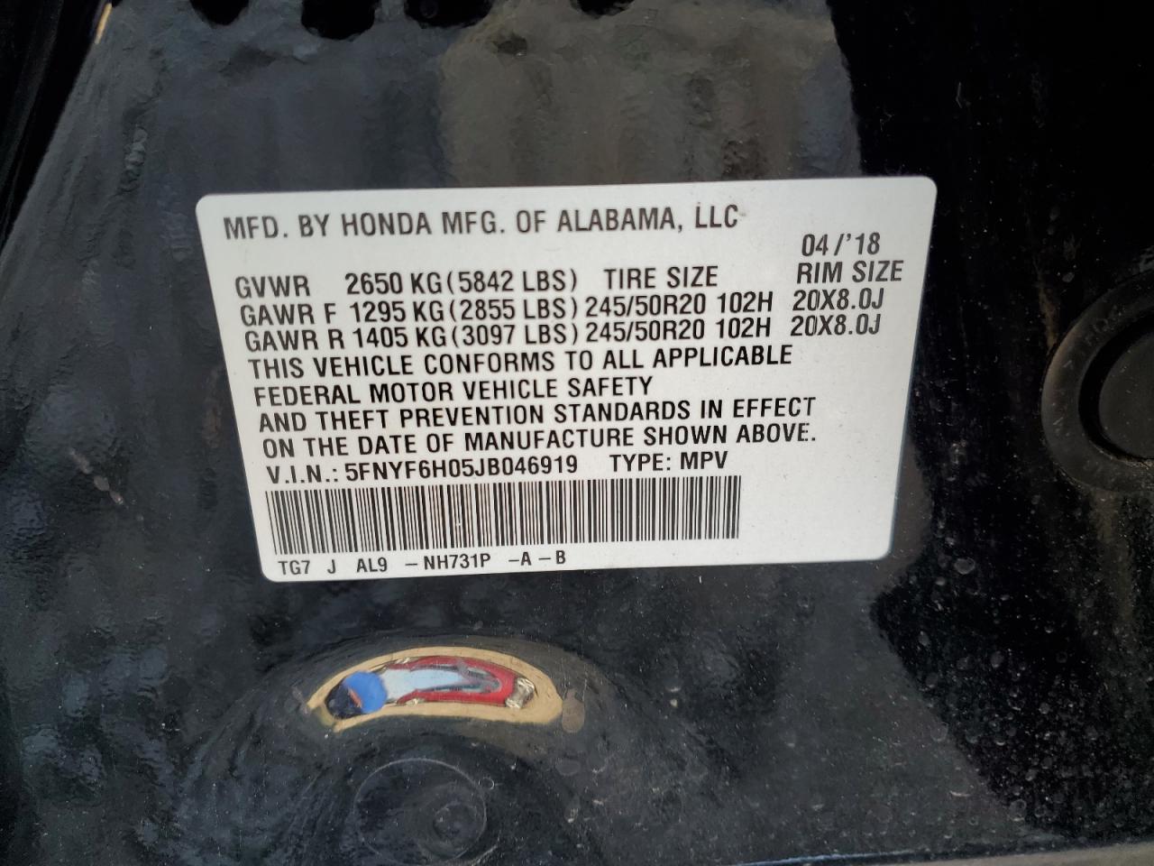 2018 Honda Pilot Elite VIN: 5FNYF6H05JB046919 Lot: 80115925