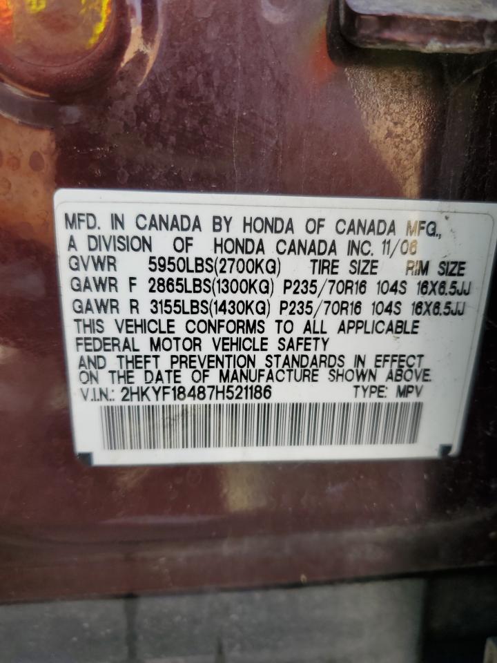 2007 Honda Pilot Ex VIN: 2HKYF18487H521186 Lot: 81723755