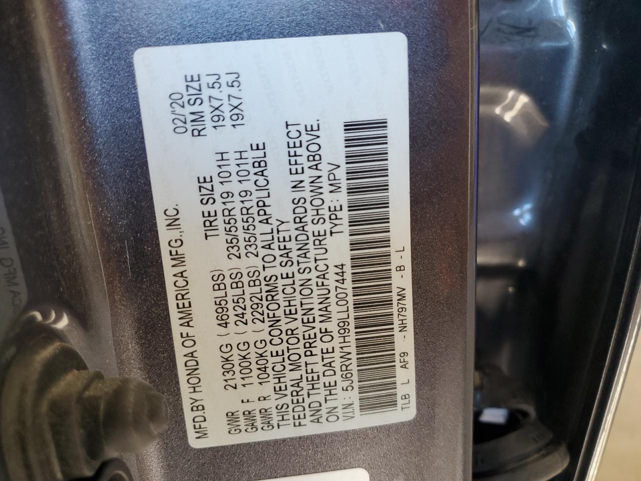2020 Honda Cr-V Touring VIN: 5J6RW1H99LL007444 Lot: 81756815