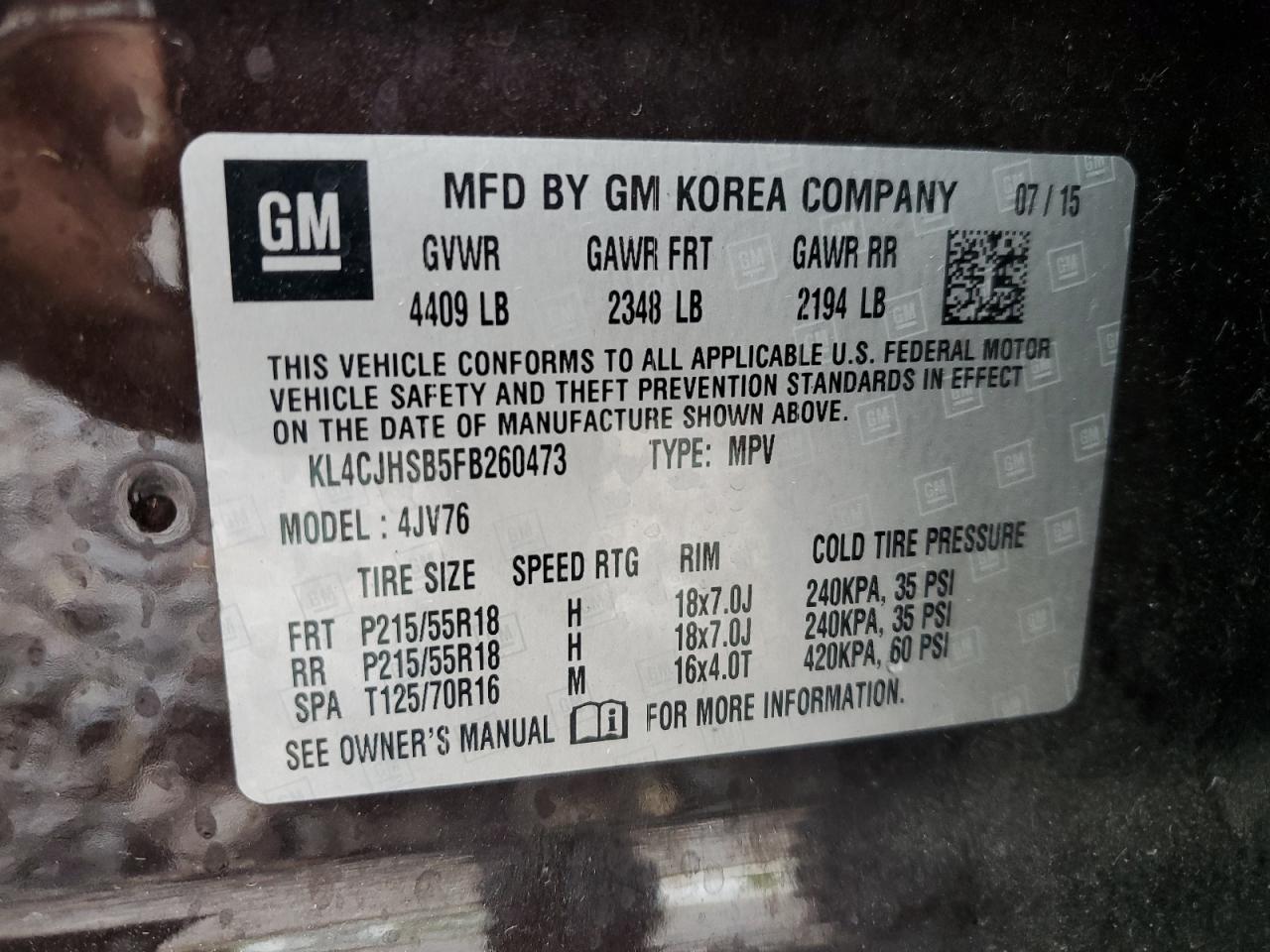 2015 Buick Encore Premium VIN: KL4CJHSB5FB260473 Lot: 81125825