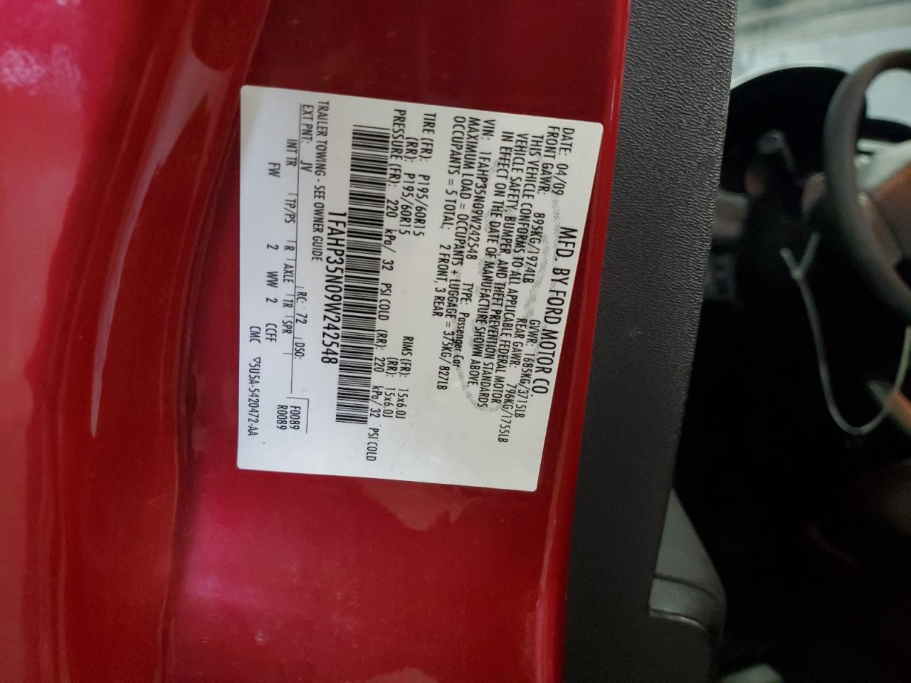 2009 Ford Focus Se VIN: 1FAHP35N09W242548 Lot: 71744025