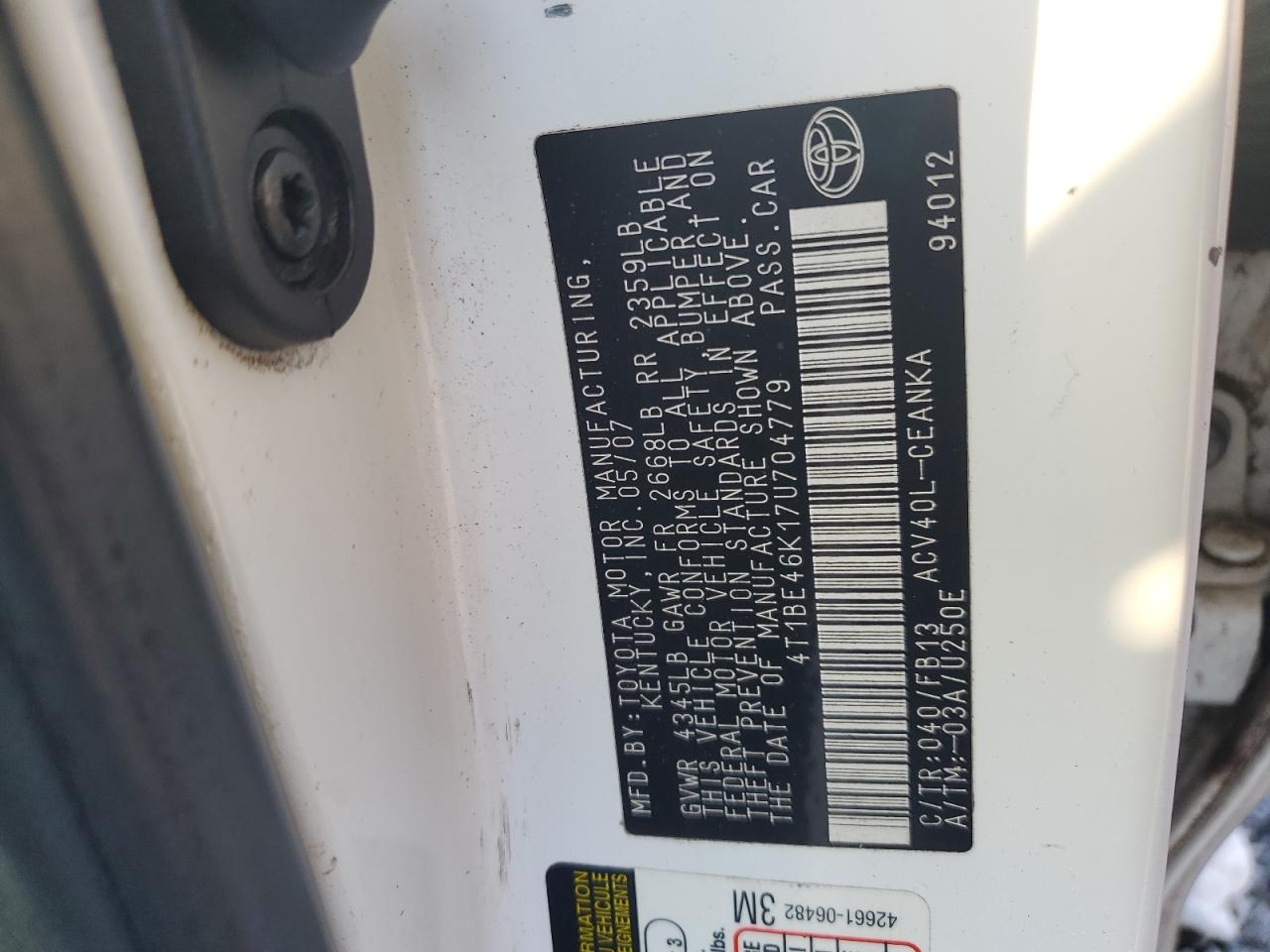 2007 Toyota Camry Ce VIN: 4T1BE46K17U704779 Lot: 81147285