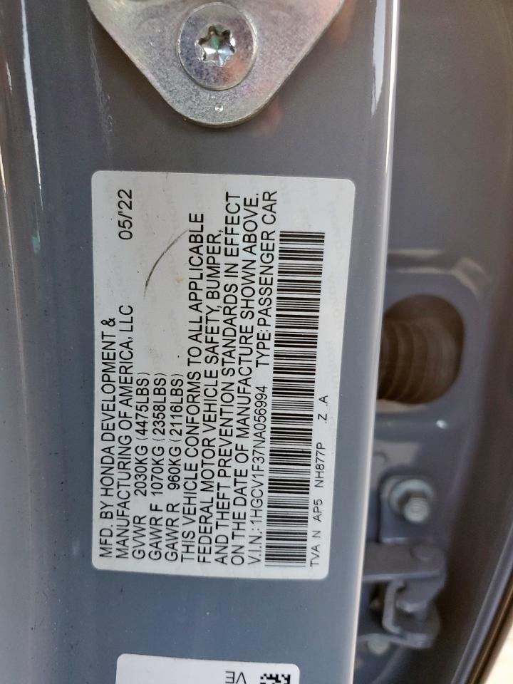 2022 Honda Accord Sport VIN: 1HGCV1F37NA056994 Lot: 84281545
