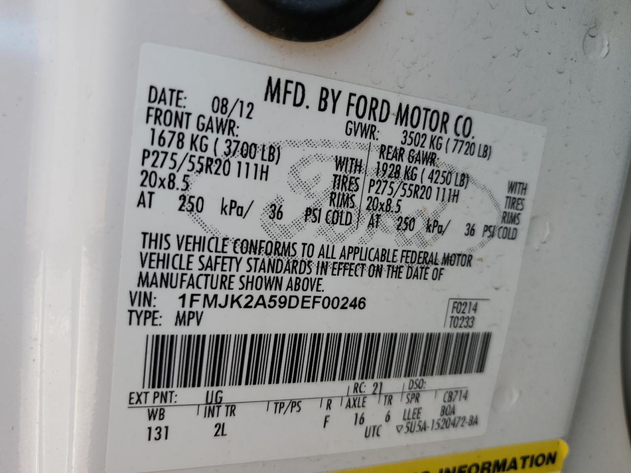 2013 Ford Expedition El Limited VIN: 1FMJK2A59DEF00246 Lot: 71607935