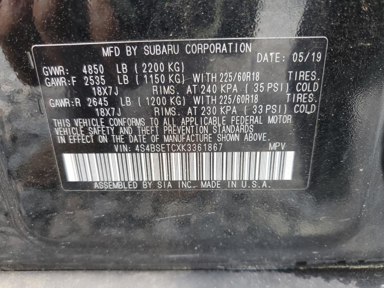 2019 Subaru Outback Touring VIN: 4S4BSETCXK3361867 Lot: 81140525