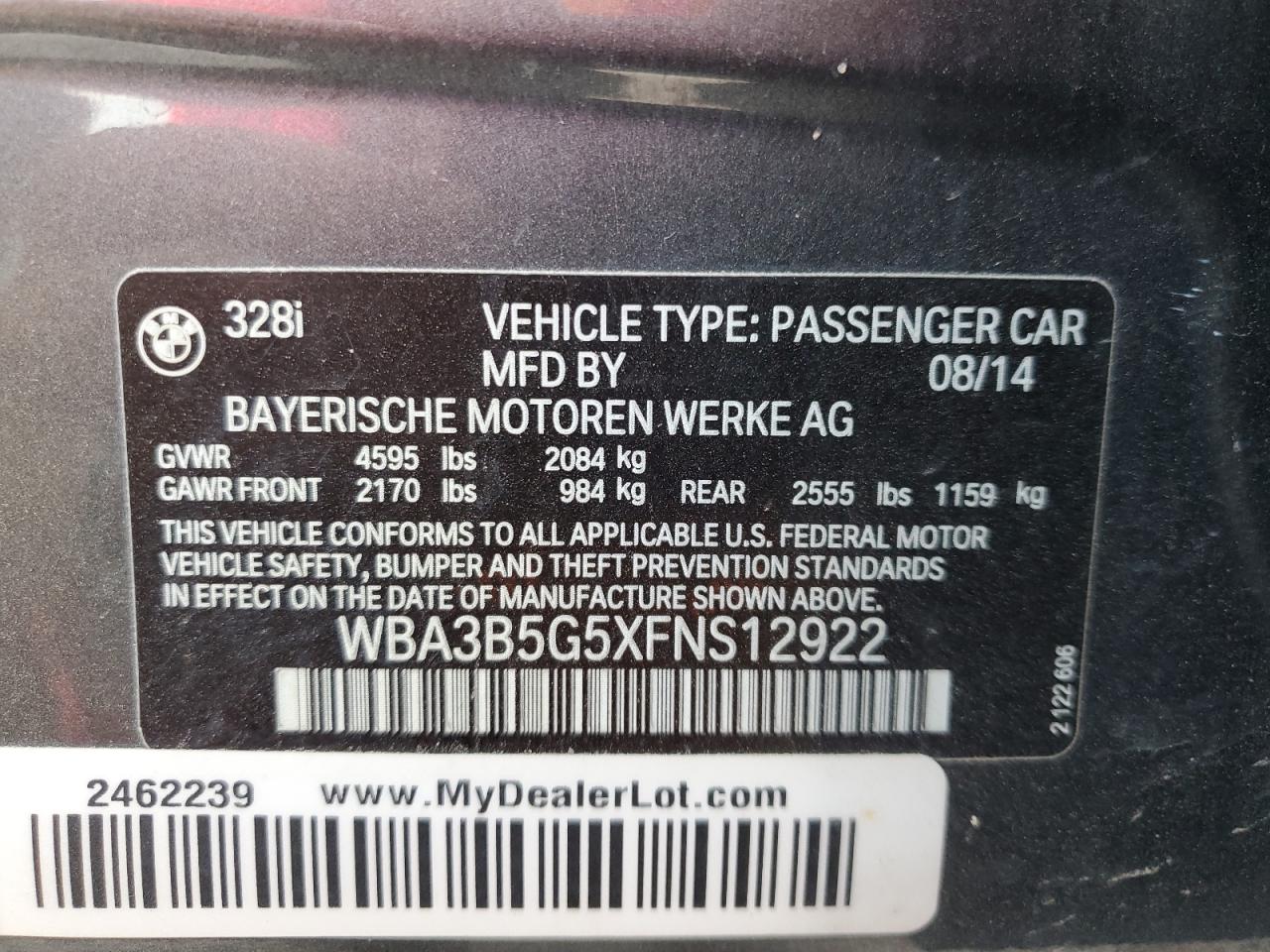 2015 BMW 328 Xi Sulev VIN: WBA3B5G5XFNS12922 Lot: 80540815