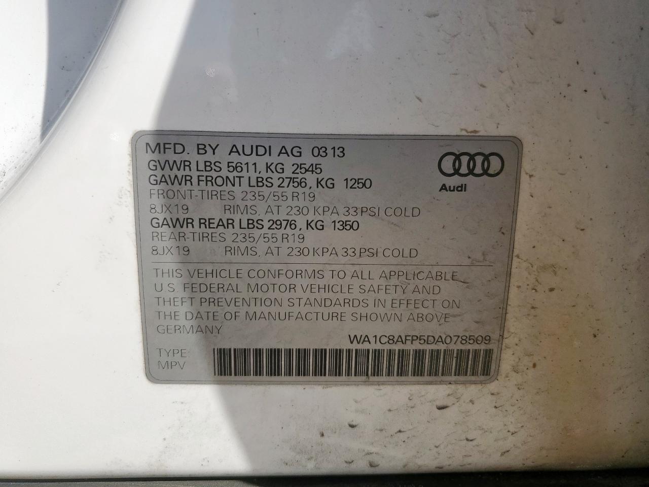 2013 Audi Q5 Premium Hybrid VIN: WA1C8AFP5DA078509 Lot: 84058435