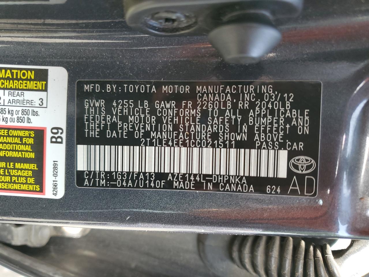 2012 Toyota Corolla Matrix S VIN: 2T1LE4EE1CC021511 Lot: 84167025