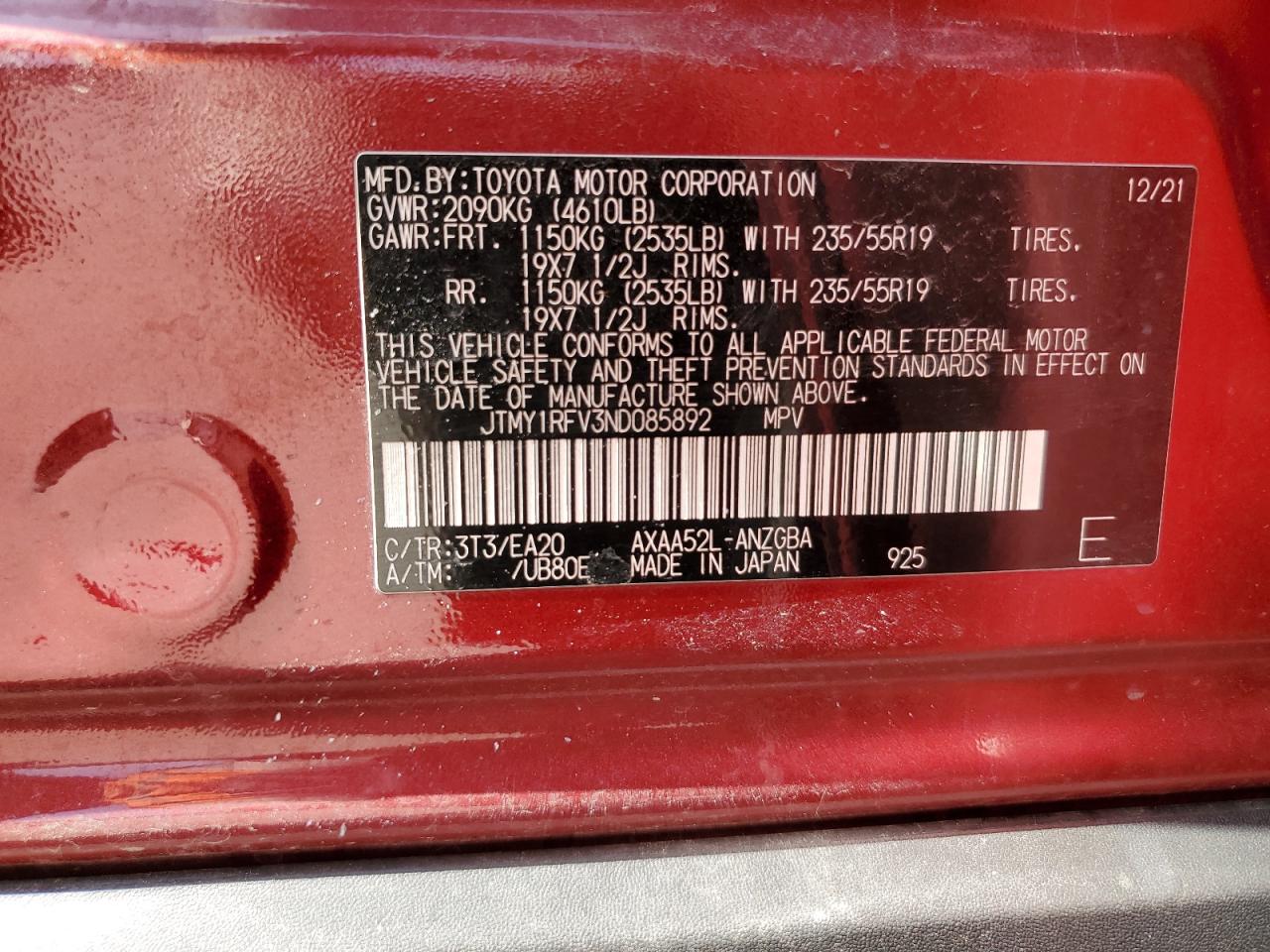 2022 Toyota Rav4 Limited VIN: JTMY1RFV3ND085892 Lot: 70182995