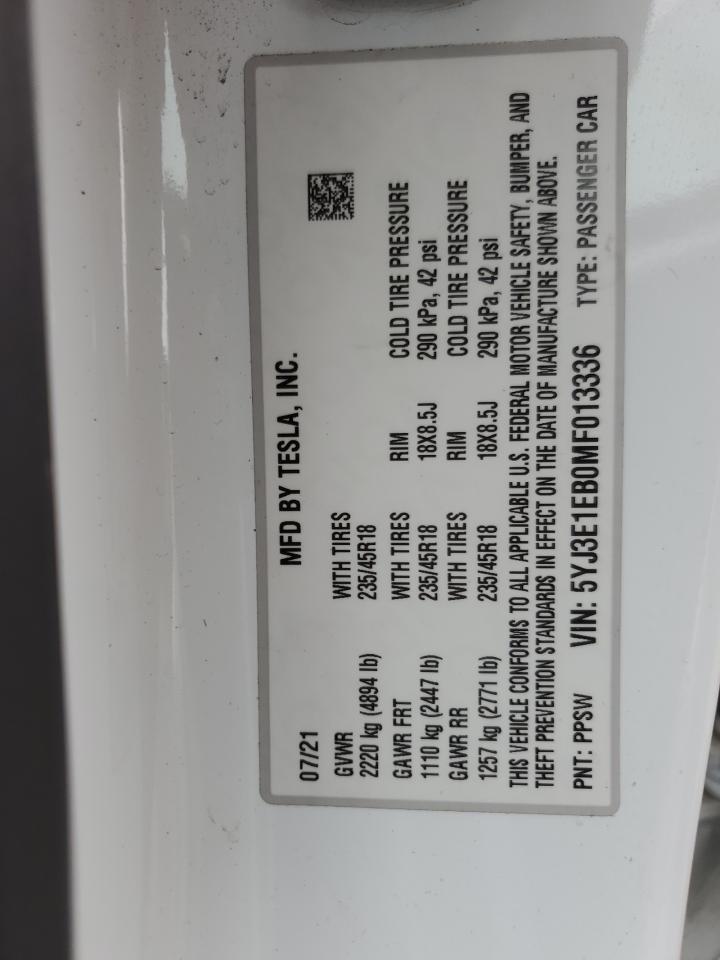 2021 Tesla Model 3 VIN: 5YJ3E1EB0MF013336 Lot: 80291985