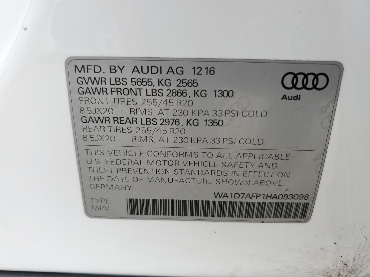 2017 Audi Q5 Premium Plus S-Line VIN: WA1D7AFP1HA093098 Lot: 84439505