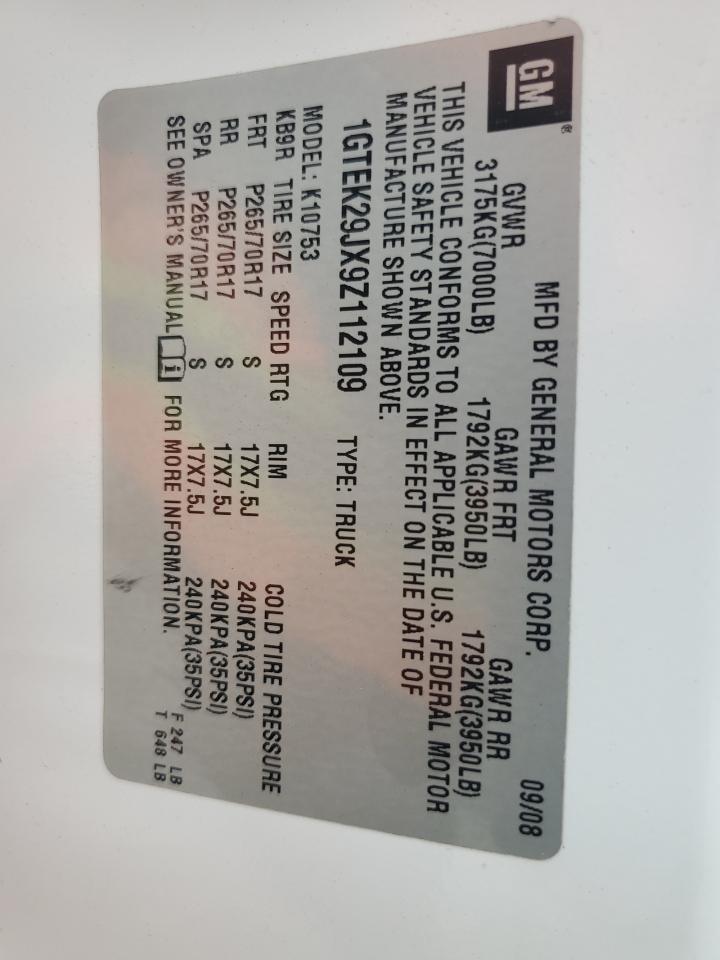 2009 GMC Sierra K1500 Sle VIN: 1GTEK29JX9Z112109 Lot: 82067835