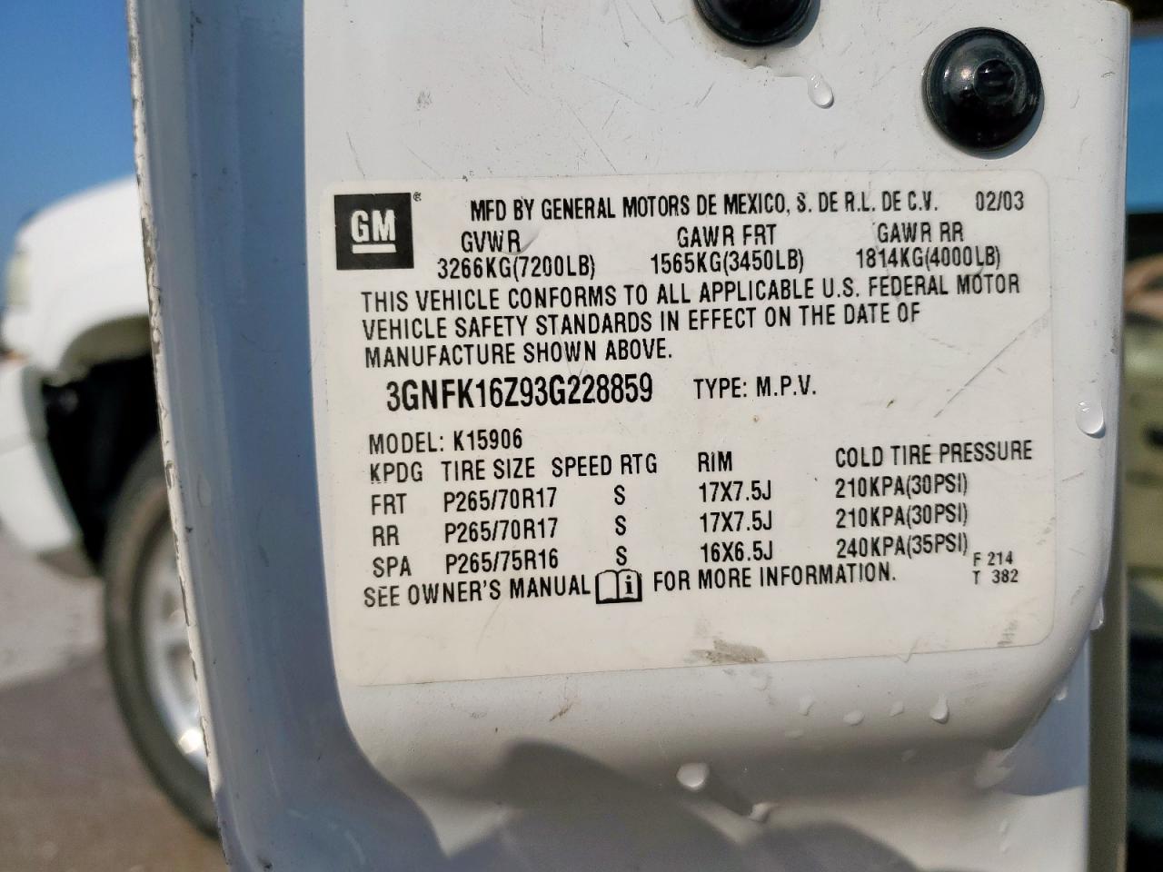 2003 Chevrolet Suburban K1500 VIN: 3GNFK16Z93G228859 Lot: 71418375