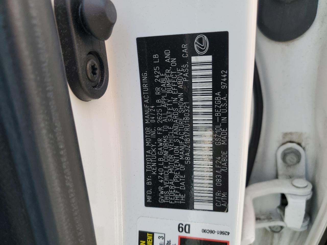 2024 Lexus Es 350 F Sport Handling VIN: 58AJZ1B17RU180321 Lot: 71862905