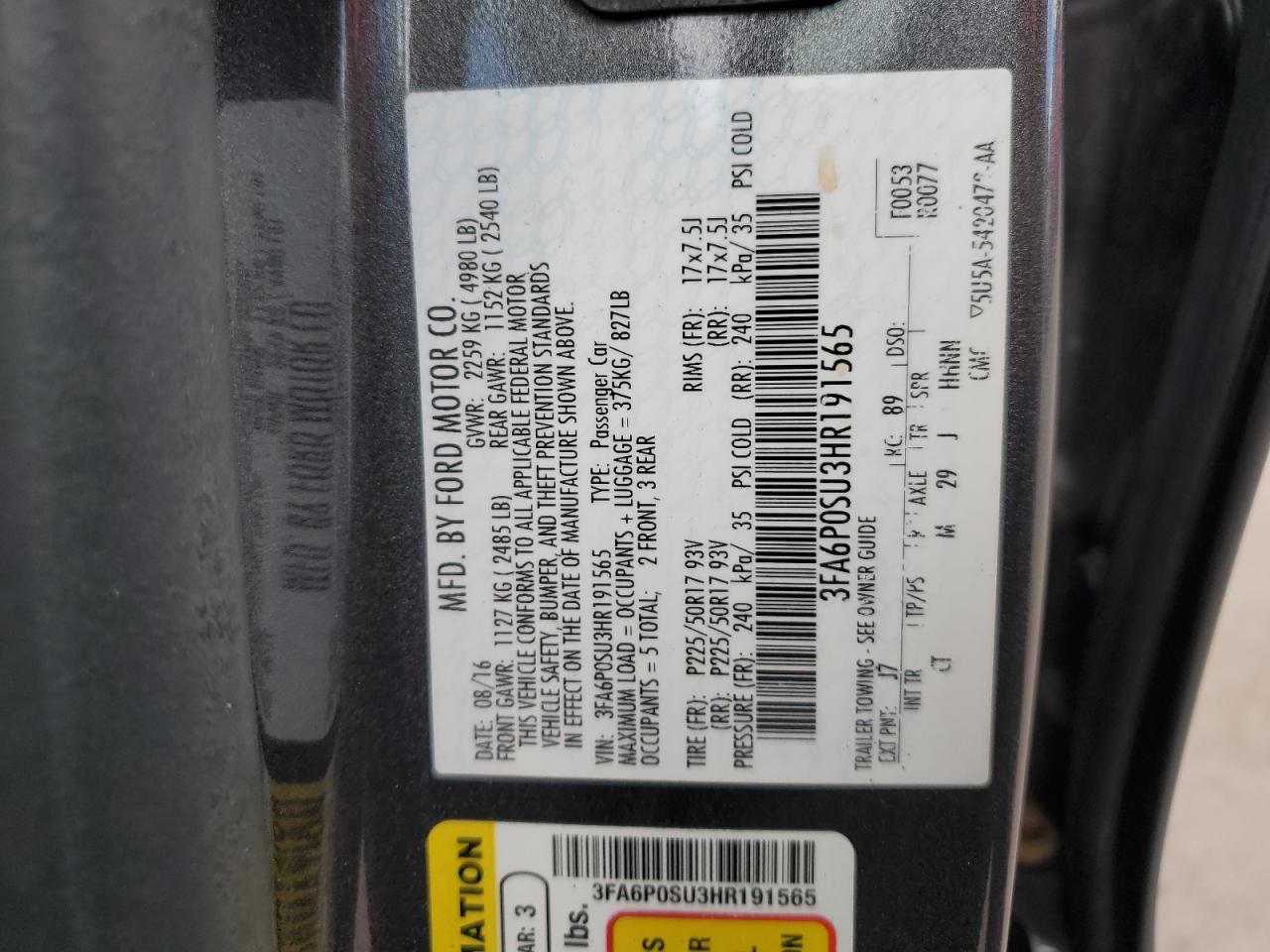 2017 Ford Fusion Titanium Phev VIN: 3FA6P0SU3HR191565 Lot: 81744465