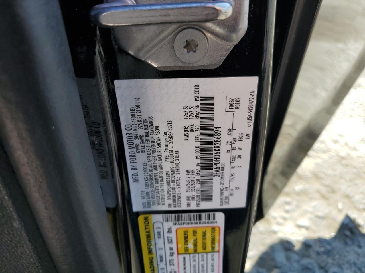 2019 Ford Fusion Se VIN: 3FA6P0HD6KR286894 Lot: 71322995