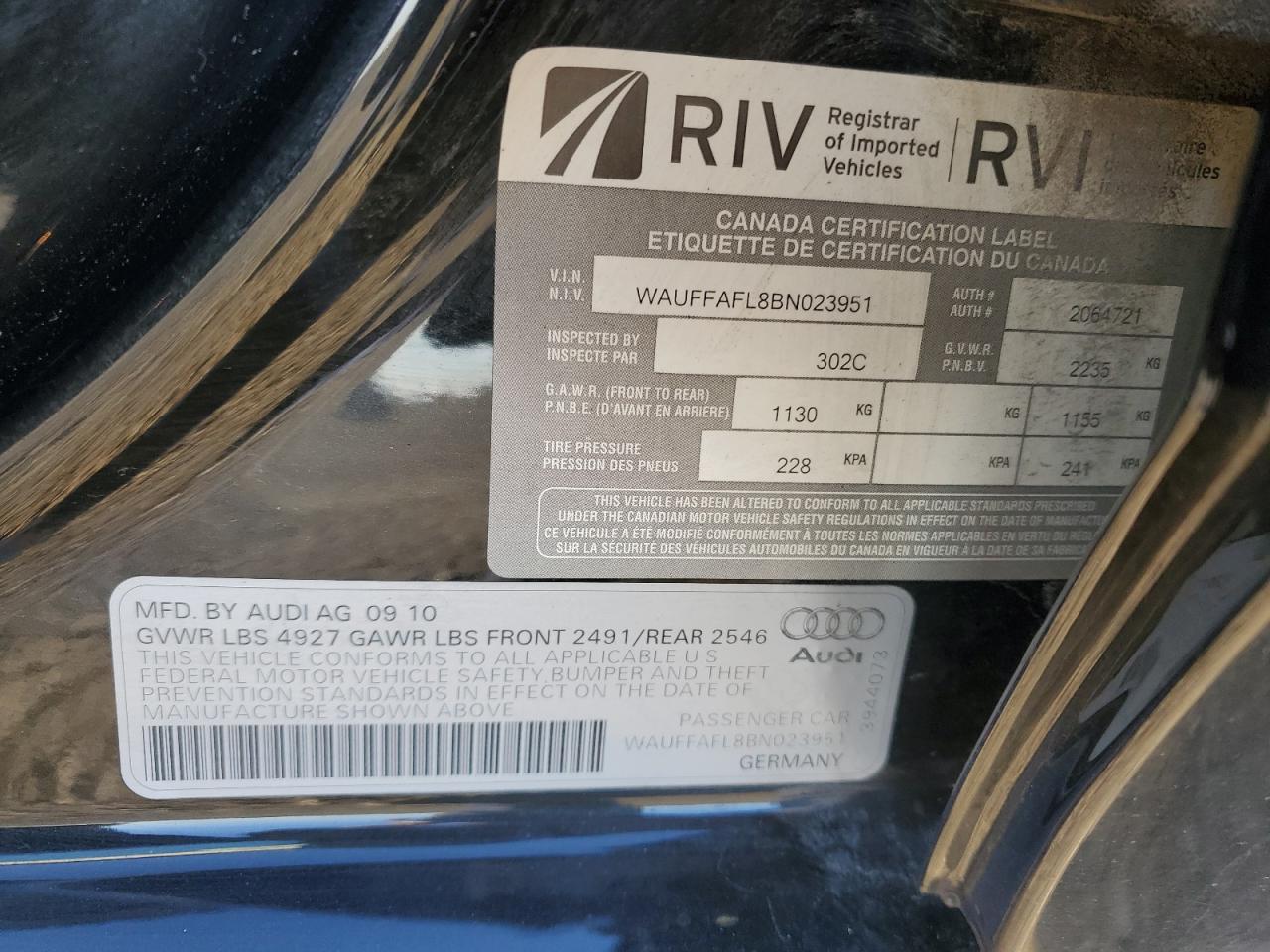 2011 Audi A4 Premium Plus VIN: WAUFFAFL8BN023951 Lot: 80845425