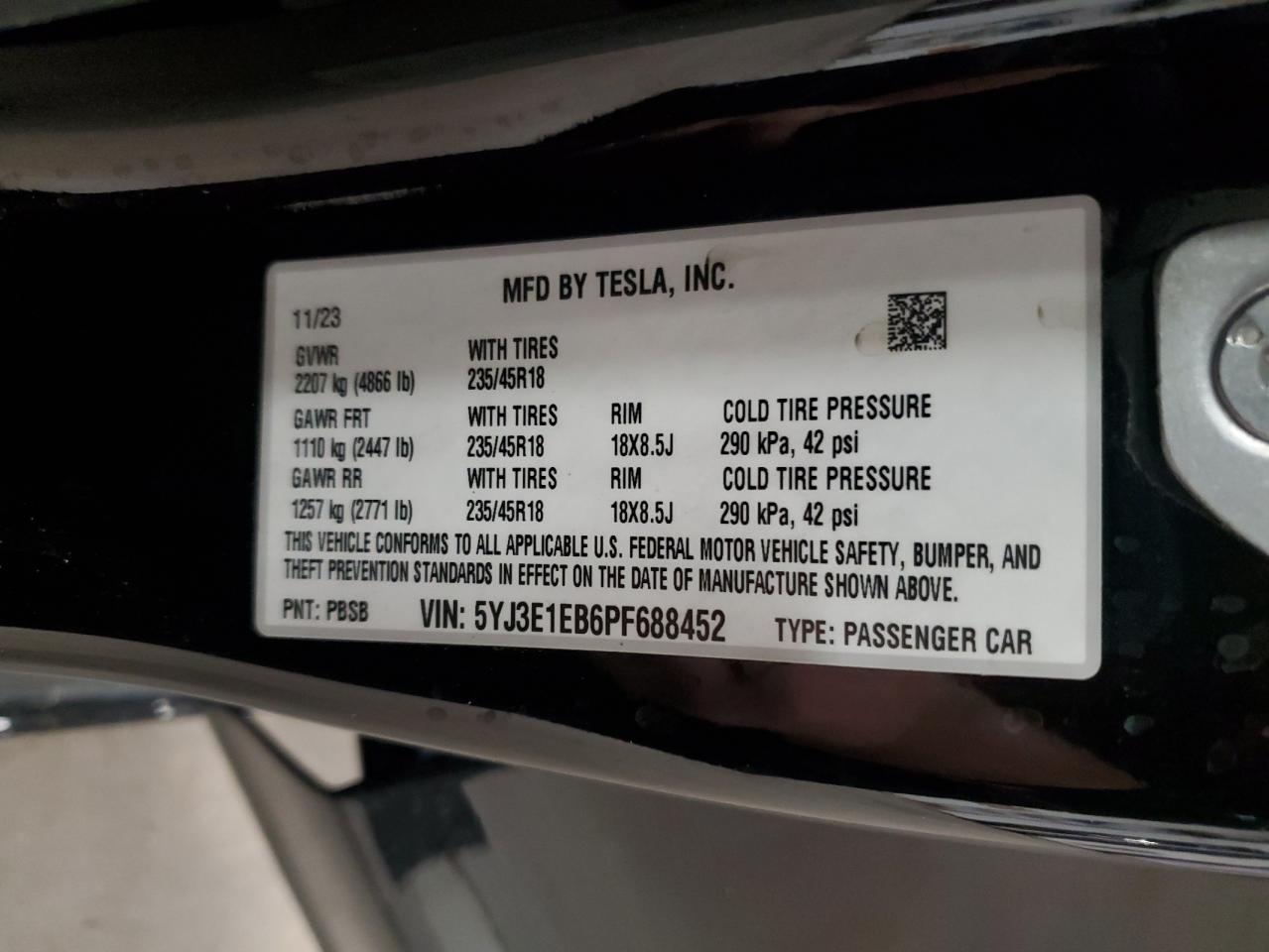 2023 Tesla Model 3 VIN: 5YJ3E1EB6PF688452 Lot: 71325715