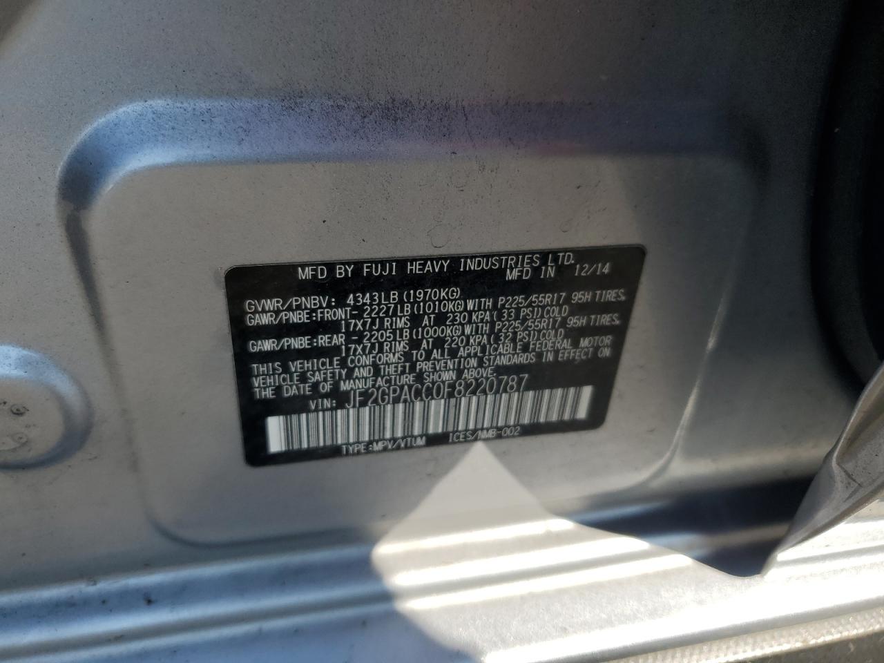 2015 Subaru Xv Crosstrek 2.0 Premium VIN: JF2GPACC0F8220787 Lot: 80541255