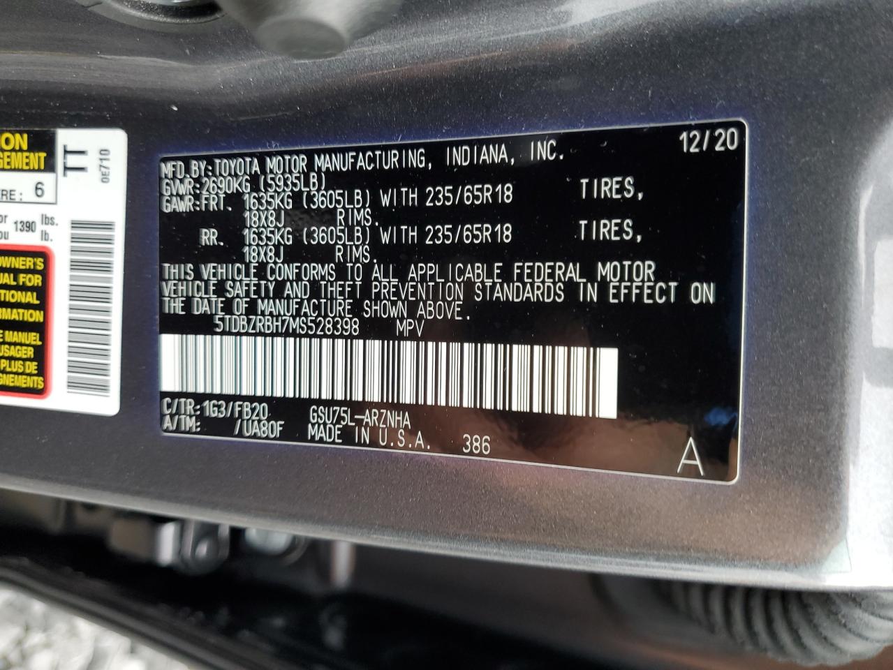 2021 Toyota Highlander L VIN: 5TDBZRBH7MS528398 Lot: 81615675