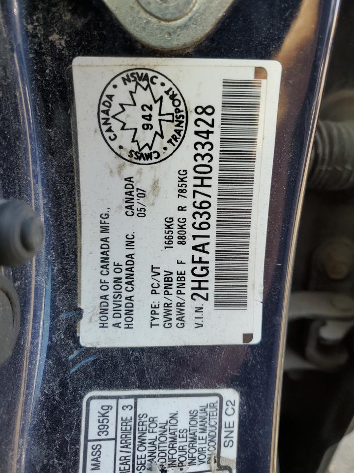 2007 Honda Civic Dx VIN: 2HGFA16367H033428 Lot: 71674915