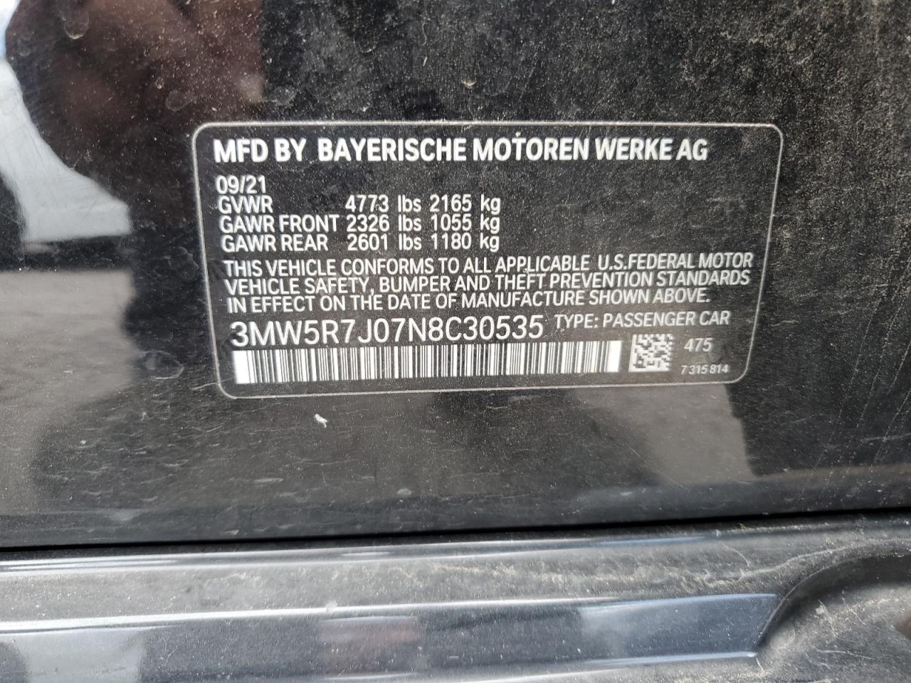 2022 BMW 330Xi VIN: 3MW5R7J07N8C30535 Lot: 80274335