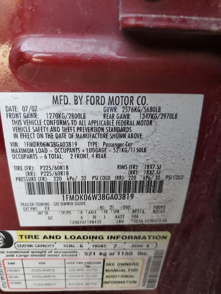 2008 Ford Taurus X Limited VIN: 1FMDK06W38GA03819 Lot: 70981325