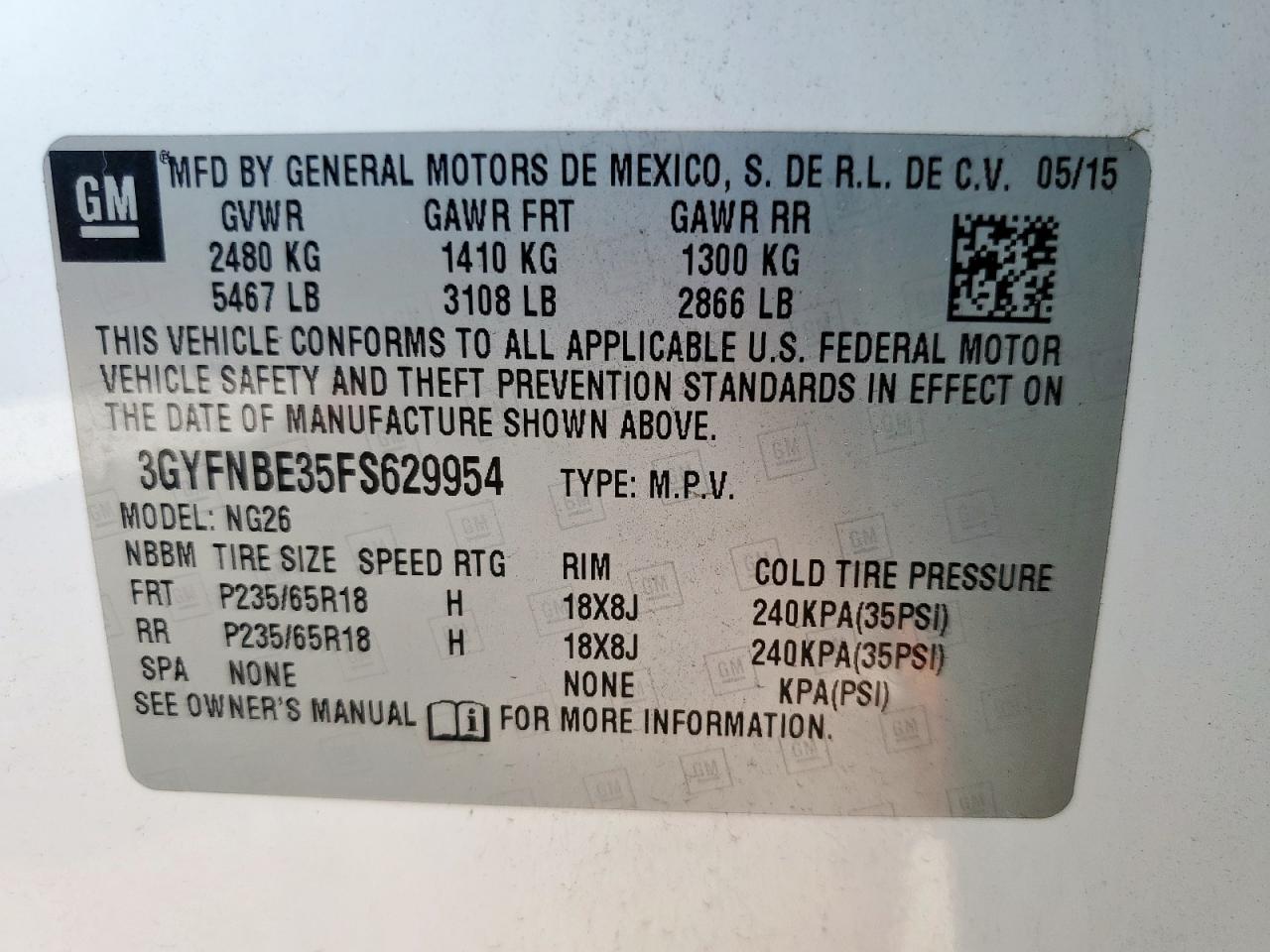 2015 Cadillac Srx Luxury Collection VIN: 3GYFNBE35FS629954 Lot: 81301865