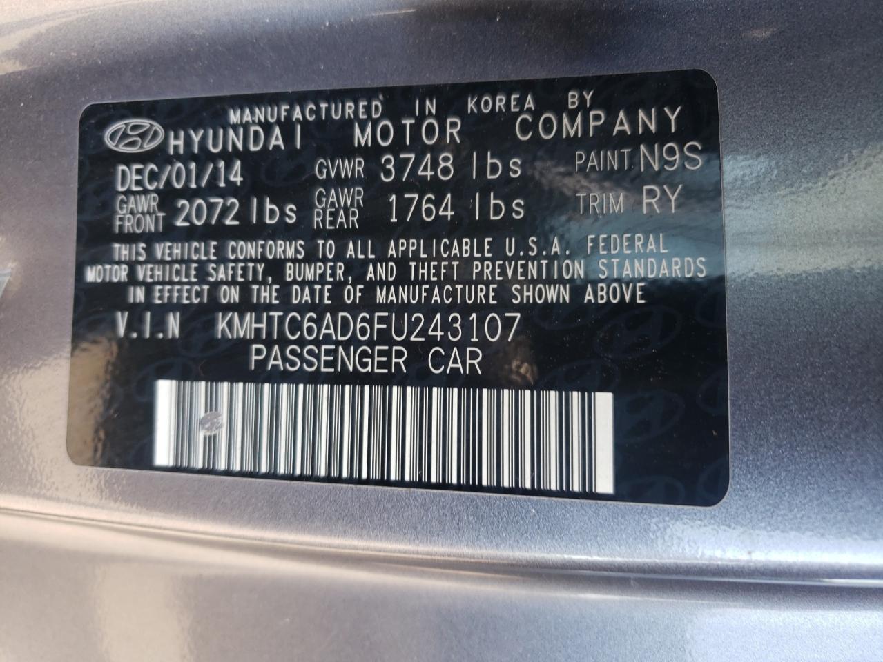 2015 Hyundai Veloster VIN: KMHTC6AD6FU243107 Lot: 81010575