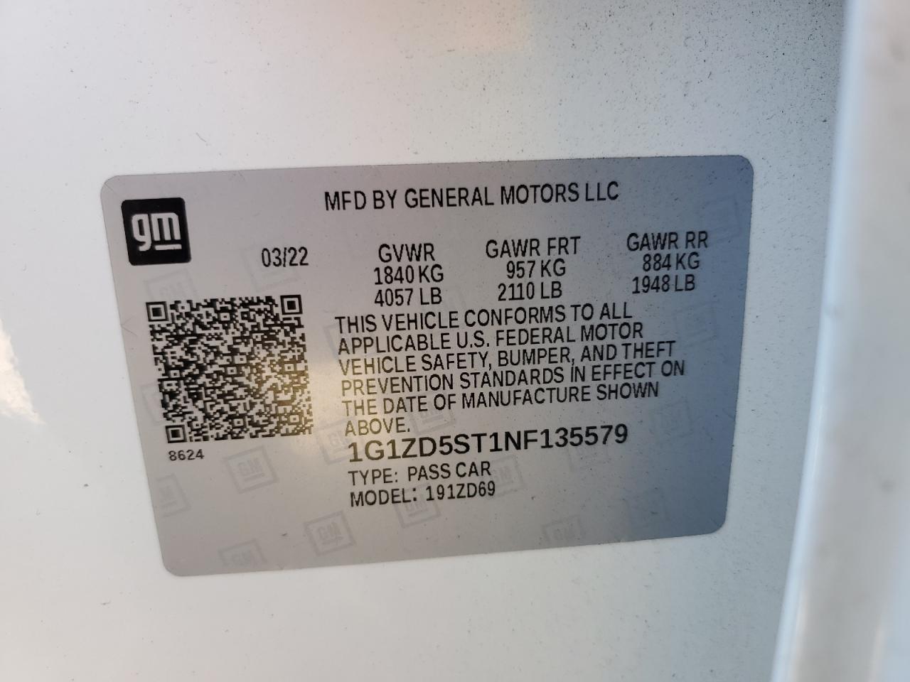 2022 Chevrolet Malibu Lt VIN: 1G1ZD5ST1NF135579 Lot: 81797125