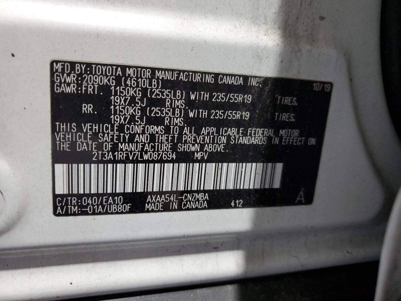 2020 Toyota Rav4 Xle Premium VIN: 2T3A1RFV7LW087694 Lot: 80234255